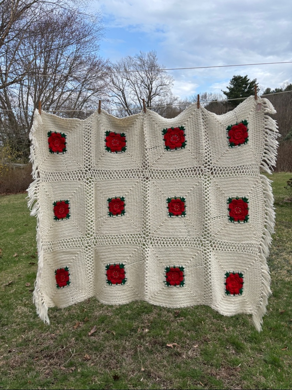 Handmade Crochet Ivory/Cream Throw with Red Roses Classic Yarn Afghan Grandma